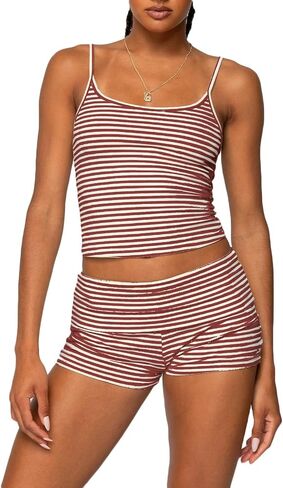 RUEWEY Women Y2k Pajama Set Striped Sleeveless Crop Cami Top Lounge Shorts PJS 2 Piece Matching Sleepwear in Kuwait
