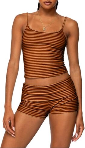RUEWEY Women Y2k Pajama Set Striped Sleeveless Crop Cami Top Lounge Shorts PJS 2 Piece Matching Sleepwear in Kuwait