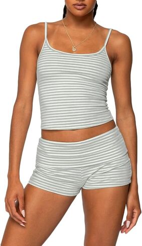 RUEWEY Women Y2k Pajama Set Striped Sleeveless Crop Cami Top Lounge Shorts PJS 2 Piece Matching Sleepwear in Kuwait