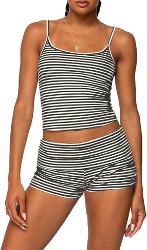 RUEWEY Women Y2k Pajama Set Striped Sleeveless Crop Cami Top Lounge Shorts PJS 2 Piece Matching Sleepwear in Kuwait