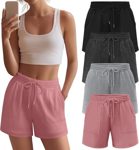 Neer 4 Pack Womens Sweat Shorts High Waist Drawstring Shorts Summer Loose Elastic Athletic Short Sweatpants with Pocket in Saudi Arabia