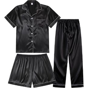 3 Piece Silk Satin Pajama Set for Women Soft Short Sleeve Button Down Pjs with Shorts Long Pants Sleepwear S-XXXL in Kuwait
