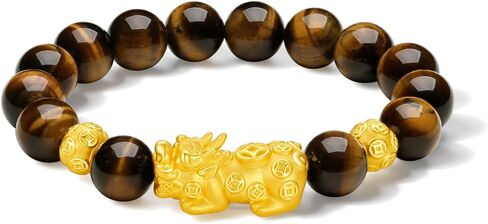 24K Real Gold Pixiu Charm Bracelet Pure Gold Bead Bracelets Tiger's Eye Beaded Bracelet Jewelry Anniversary Birthday Gifts for Men Husband Dad 18cm A1913851 in Saudi Arabia