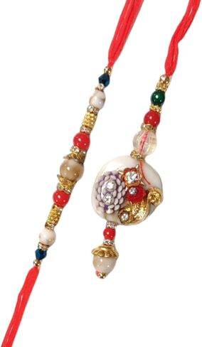 Rakhi Gift Box with Bhaiya Bhabhi Rakhi Set made of Floral Motif, Beads, includes Roli, Chawal, Raksha Bandhan Card, Thali Set, and Chocolate (Elegant Couple Rakhi) in Kuwait