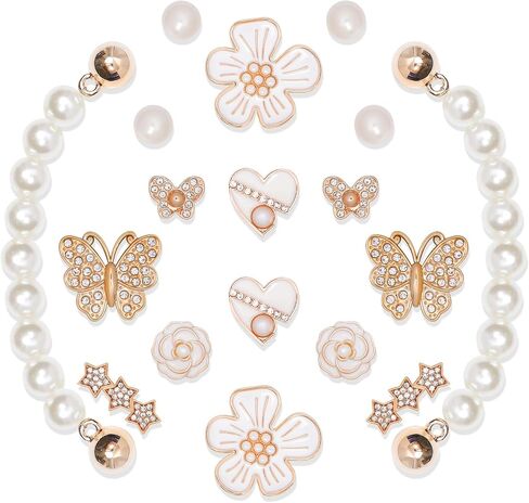 18Pcs Bling Shoe Charms,Flower Rhinestone Butterfly Star Pearl Shoe Charm Pearl Shoe Chain Cute Clogs Shoes Decoration Fashion Party Favors Luxury Jewelry Accessories for Women in Saudi Arabia