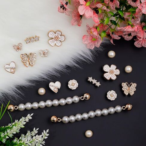 18Pcs Bling Shoe Charms,Flower Rhinestone Butterfly Star Pearl Shoe Charm Pearl Shoe Chain Cute Clogs Shoes Decoration Fashion Party Favors Luxury Jewelry Accessories for Women in Saudi Arabia