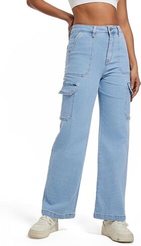 Women Cargo Jeans High Waist Y2K Straight Leg Trendy Stretchy Lightweight Jeans for Women in Kuwait