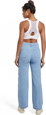 Women Cargo Jeans High Waist Y2K Straight Leg Trendy Stretchy Lightweight Jeans for Women in Kuwait