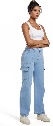 Women Cargo Jeans High Waist Y2K Straight Leg Trendy Stretchy Lightweight Jeans for Women in Kuwait