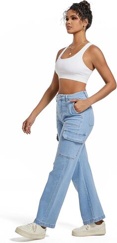Women Cargo Jeans High Waist Y2K Straight Leg Trendy Stretchy Lightweight Jeans for Women in Kuwait