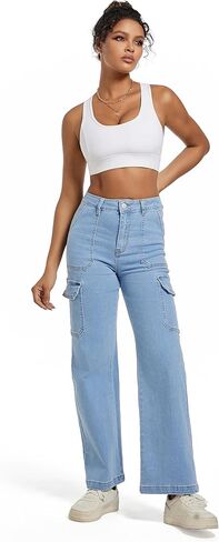Women Cargo Jeans High Waist Y2K Straight Leg Trendy Stretchy Lightweight Jeans for Women in Kuwait