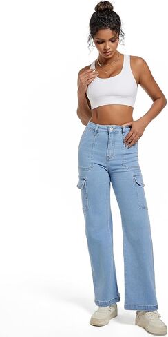 Women Cargo Jeans High Waist Y2K Straight Leg Trendy Stretchy Lightweight Jeans for Women in Kuwait