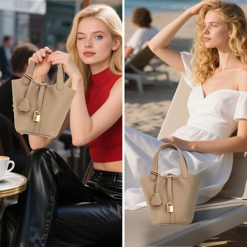 Leather Bucket Bags for Women,Women's Shoulder Handbag,Leather Lock Design Bucket Bag Vegetable Basket in Saudi Arabia