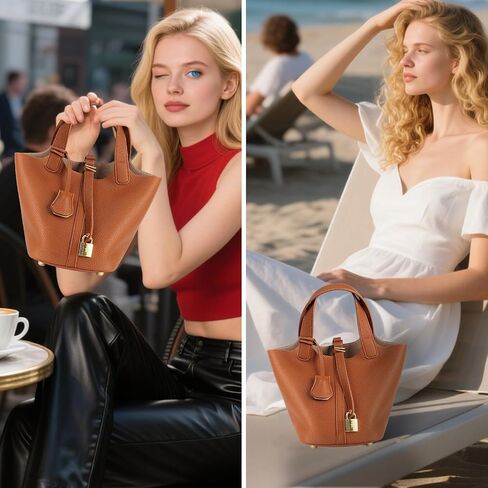 Leather Bucket Bags for Women,Women's Shoulder Handbag,Leather Lock Design Bucket Bag Vegetable Basket in Saudi Arabia