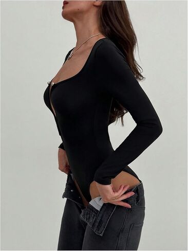 Makemechic Women Low Cut Bodysuit Long Sleeve Fully Out Out leotard قمم in Saudi Arabia
