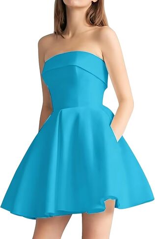 Strapless Sleeveless Prom Dresses Short Mini A Line Cocktail Gowns Satin Women Party Gowns with Pockets in Saudi Arabia
