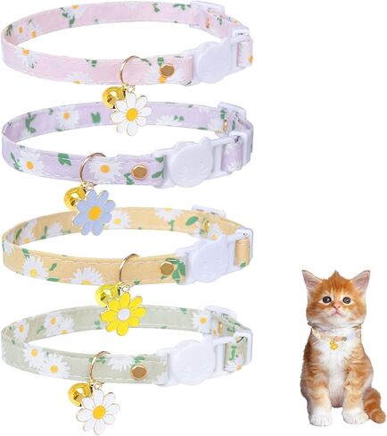4 قطع من أطواق القطط القطنية المنفصلة مع جرس، مجموعة أطواق القطط الآمنة القابلة للتعديل مع نمط الزهور، مثالية للفتيات والقطط والأولاد والقطط in Kuwait