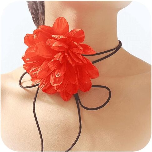 Flower Choker Necklace for Women Rose Floral Choker Tassel Satin Blue/Gold/Silver/Gold Flower Necklace for Girls Vintage Collar Necklace Jewelry in Kuwait