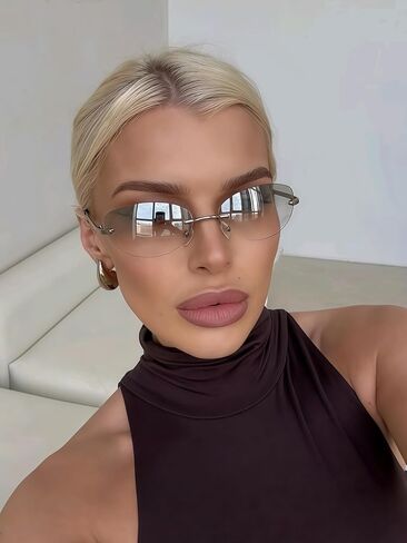 VIA LEECA Trendy Y2k Rimless Sunglasses for Women Men 90s Retro Oval Mirror Lens Shades Fashion Accessories in Saudi Arabia