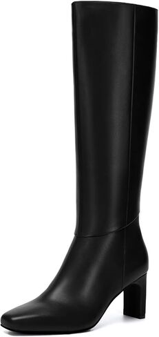 Athlefit Knee High Boots for Women Square Toe Chunky Heeled Tall Boots with Side Zipper in Saudi Arabia