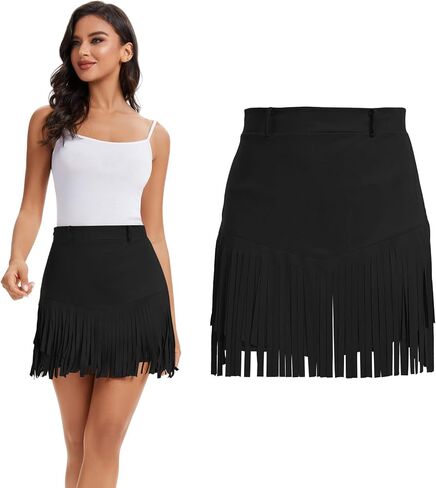 Women Western Cowgirl Fringe Skirt Terra Cotta High Weist Fringe Mini Short Chorts 60s 70s Hippie Party in Kuwait