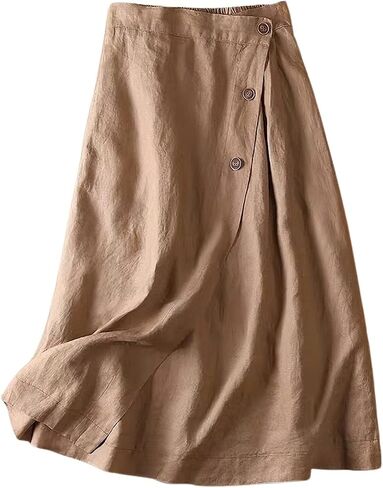loveimgs Women's Summer Linen Button Front Elastic High Waist Swing A Line Midi Skirt in Saudi Arabia