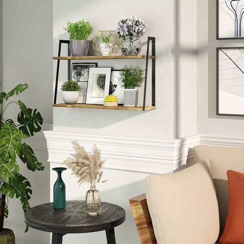 SRIWATANA Floating Wall Shelves, 2-Tier Rustic Wood Shelves for Bedoom, Bathroom, Living Room, Kitchen(Carbonized Black) in Kuwait