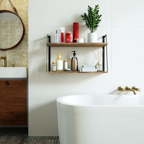 SRIWATANA Floating Wall Shelves, 2-Tier Rustic Wood Shelves for Bedoom, Bathroom, Living Room, Kitchen(Carbonized Black) in Kuwait