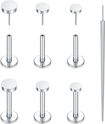 Oveta 3 Pairs Flat Back Studs Earrings Surgical Steel for Tragus Cartilage Piercing Jewelry Threadless Nose Rings Studs 18G 16G 8mm Bar Length, Silver in Saudi Arabia