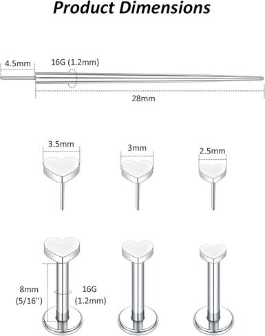 Oveta 3 Pairs Flat Back Studs Earrings Surgical Steel for Tragus Cartilage Piercing Jewelry Threadless Nose Rings Studs 18G 16G 8mm Bar Length, Silver in Saudi Arabia