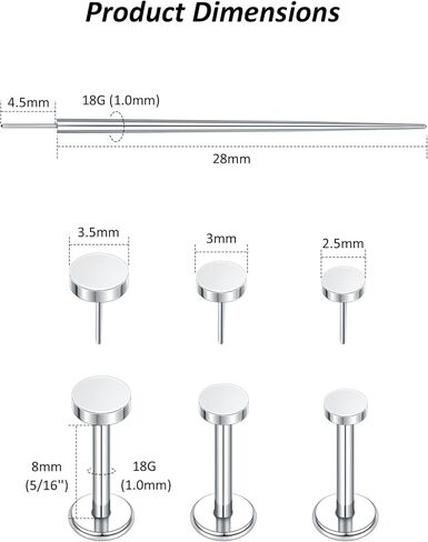Oveta 3 Pairs Flat Back Studs Earrings Surgical Steel for Tragus Cartilage Piercing Jewelry Threadless Nose Rings Studs 18G 16G 8mm Bar Length, Silver in Saudi Arabia