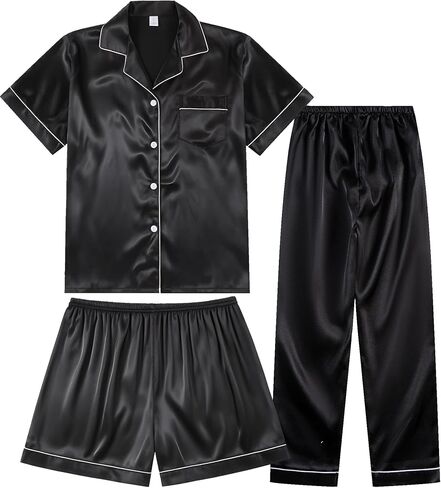 3 Piece Silk Satin Pajama Set for Women Soft Short Sleeve Button Down Pjs with Shorts Long Pants Sleepwear S-XXXL in Kuwait