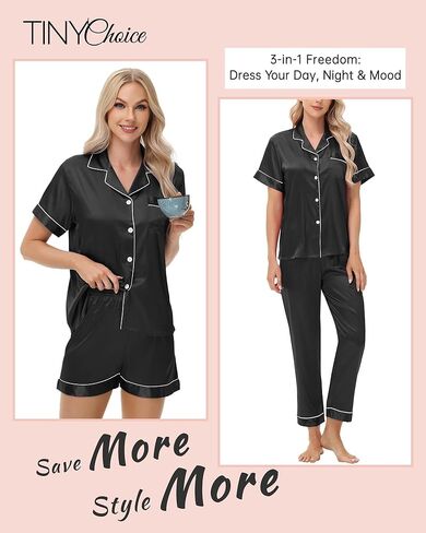 3 Piece Silk Satin Pajama Set for Women Soft Short Sleeve Button Down Pjs with Shorts Long Pants Sleepwear S-XXXL in Kuwait
