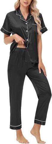 3 Piece Silk Satin Pajama Set for Women Soft Short Sleeve Button Down Pjs with Shorts Long Pants Sleepwear S-XXXL in Kuwait