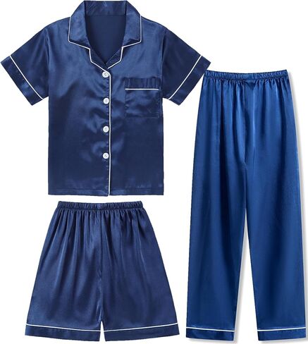 3 Piece Silk Satin Pajama Set for Women Soft Short Sleeve Button Down Pjs with Shorts Long Pants Sleepwear S-XXXL in Saudi Arabia