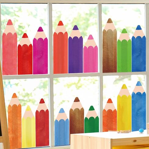8 Sheets Colorful Pencil Window Clings Decorations Reusable Watercolor Pencils Window Stickers Anti-Collision Non-Adhesive PVC Windows Decals for Back to School Classroom Home Wall Mirror Glass Decors in Saudi Arabia