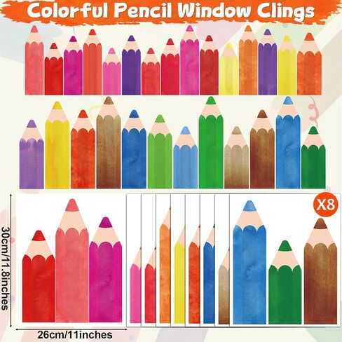 8 Sheets Colorful Pencil Window Clings Decorations Reusable Watercolor Pencils Window Stickers Anti-Collision Non-Adhesive PVC Windows Decals for Back to School Classroom Home Wall Mirror Glass Decors in Saudi Arabia