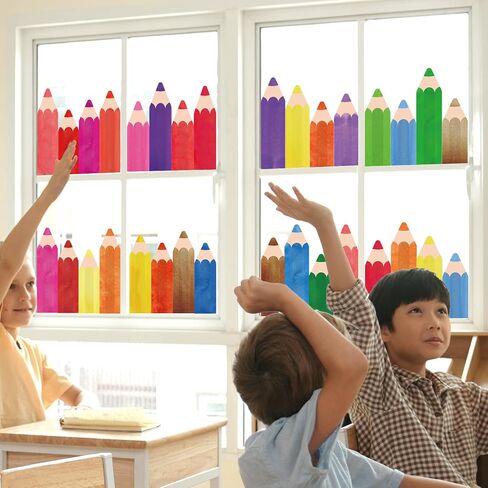 8 Sheets Colorful Pencil Window Clings Decorations Reusable Watercolor Pencils Window Stickers Anti-Collision Non-Adhesive PVC Windows Decals for Back to School Classroom Home Wall Mirror Glass Decors in Saudi Arabia