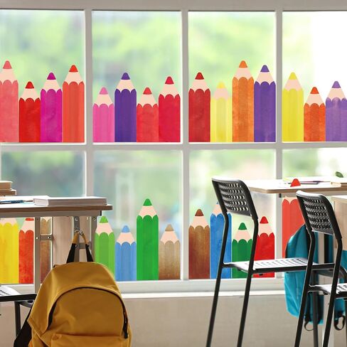 8 Sheets Colorful Pencil Window Clings Decorations Reusable Watercolor Pencils Window Stickers Anti-Collision Non-Adhesive PVC Windows Decals for Back to School Classroom Home Wall Mirror Glass Decors in Saudi Arabia