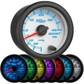 GlowShift White 7 Color 45 PSI Turbo Boost/Vacuum Gauge Kit - Includes Mechanical Hose & T-Fitting - White Dial - Clear Lens - for Cars - 2-1/16" 52mm in Saudi Arabia