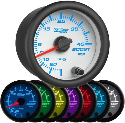 GlowShift White 7 Color 45 PSI Turbo Boost/Vacuum Gauge Kit - Includes Mechanical Hose & T-Fitting - White Dial - Clear Lens - for Cars - 2-1/16" 52mm in Saudi Arabia
