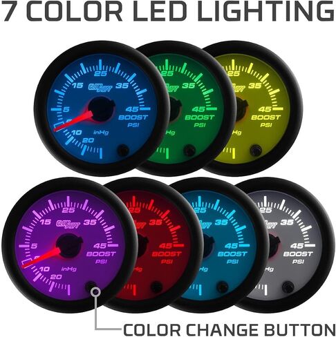 GlowShift White 7 Color 45 PSI Turbo Boost/Vacuum Gauge Kit - Includes Mechanical Hose & T-Fitting - White Dial - Clear Lens - for Cars - 2-1/16" 52mm in Saudi Arabia