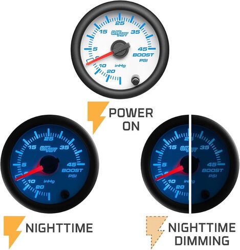 GlowShift White 7 Color 45 PSI Turbo Boost/Vacuum Gauge Kit - Includes Mechanical Hose & T-Fitting - White Dial - Clear Lens - for Cars - 2-1/16" 52mm in Saudi Arabia