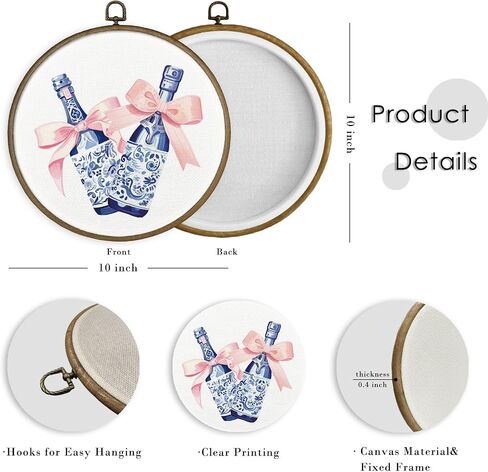 MAQIKA Chinoiserie Blue Bow Framed Wall Art Decor, Coquette Room Decor, Trendy Blue and White Round Wall Hanging Decor, Preppy Bow Canvas Prints Wall Art for Girls Room Bathroom Kitchen,10x10 Inch in Saudi Arabia