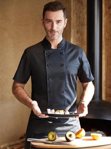 معطف مطعم Black Chef مع شبكات خفيفة الوزن طهاة رجال شيف شيف شيف موحد للمطبخ والمطعم والمخبز in Kuwait