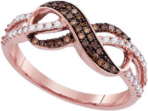 Solid 14k Rose Gold Round Chocolate Brown and White Diamond Prong Set Curved Infinity Wedding Band OR Fashion Ring (1/3 cttw) in Saudi Arabia
