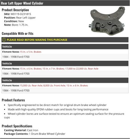 Rear Left Driver Side Upper Wheel Cylinder - 1.75 Inch Bore - Compatible with 1984-1998 Ford F700 in Saudi Arabia