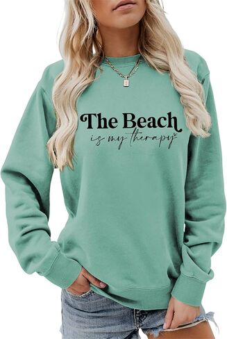 The Beach is My Therapy Sweatshirt Crewneck Pullover Long Sleeve Shirts for Women Loose Fit Tops in Saudi Arabia