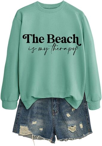 The Beach is My Therapy Sweatshirt Crewneck Pullover Long Sleeve Shirts for Women Loose Fit Tops in Saudi Arabia