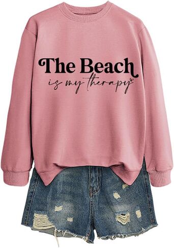 The Beach is My Therapy Sweatshirt Crewneck Pullover Long Sleeve Shirts for Women Loose Fit Tops in Saudi Arabia